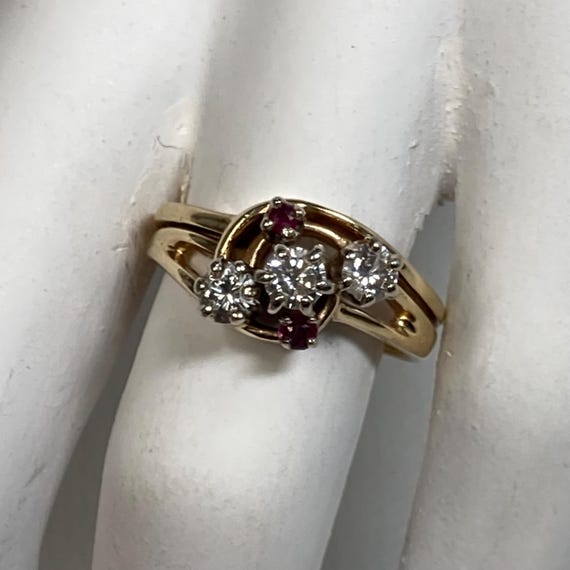 Trilogy Diamond Ring with Ruby Accents. Retro Cla… - image 1
