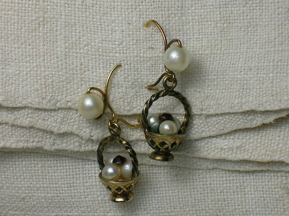 Vintage Earrings: Pearl Baskets, 10K Yellow Gold.… - image 1