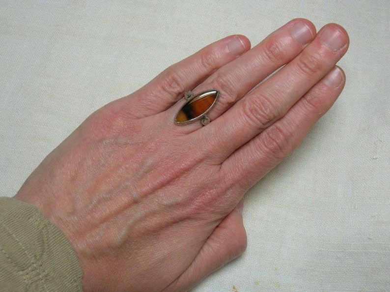 Antique Agate Ring, Clark & Coombs Banded. Edwardian or Art Deco era. Marquise Navette. Size 5 1/4 image 5