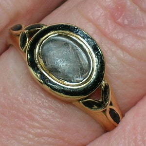 Antique 18K Gold Georgian Mourning Ring: Black Enamel Lillies, c1790, Size 6.