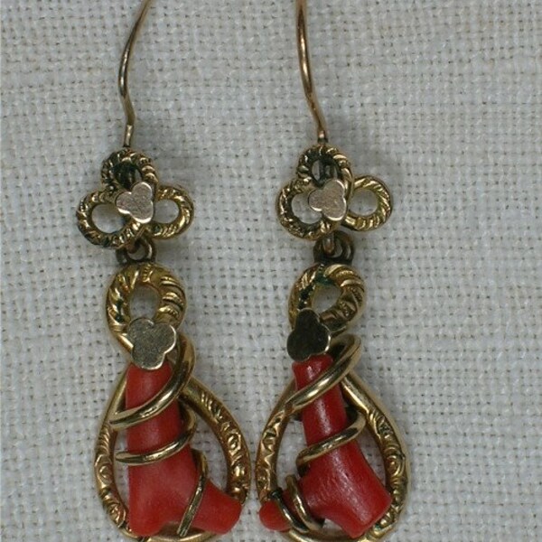 Victorian Coral Earrings, circa 1890s, Day to Night. Rolled Gold, Gold Filled.