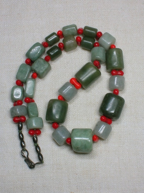 Vintage Jade Necklace: Jadeite with Red Glass. Ear