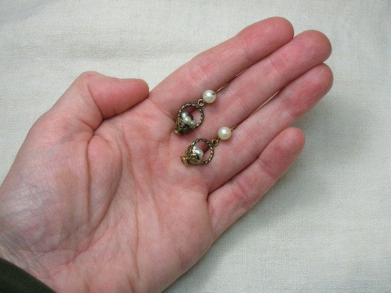 Vintage Earrings: Pearl Baskets, 10K Yellow Gold.… - image 3