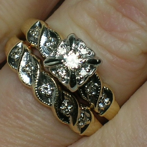 Vintage Wedding Rings Set: Diamond Cluster Head, c1950s