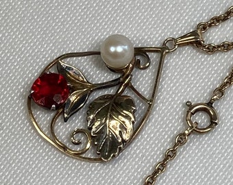 Vintage Gold Filled Necklace & Pendant. Cultured Pearl, Garnet Paste. Antique Clasp. 22". 1/20 12Kt GF