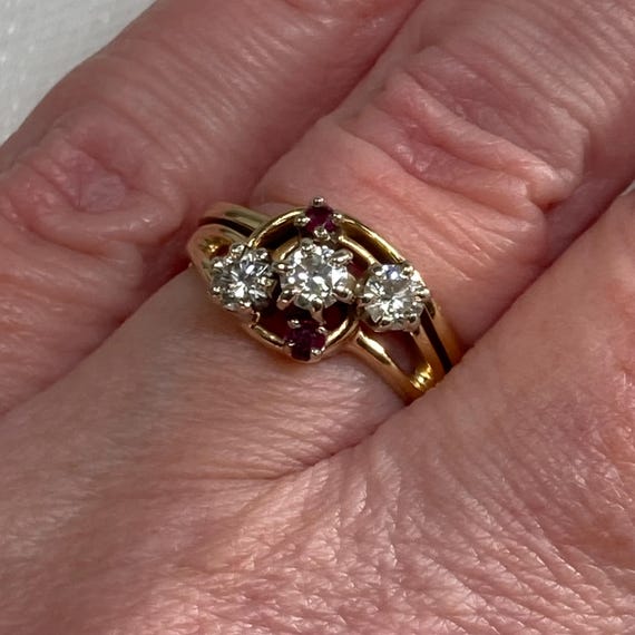 Trilogy Diamond Ring with Ruby Accents. Retro Cla… - image 6