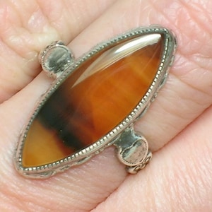 Antique Agate Ring, Clark & Coombs Banded. Edwardian or Art Deco era. Marquise Navette. Size 5 1/4 image 1