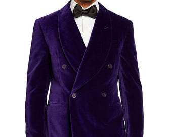 Men's Purple Velvet Double Breasted Blazer: Shawl Lapel, Formal Jacket