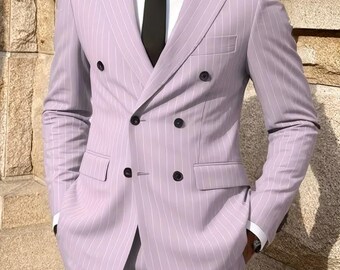 Herren Lila Nadelstreifen Zweireiher Slim Fit Anzug, Lila Nach Maß Spitze Revers Hochzeit Bräutigam Party Anzug für Männer, Geschenk für Ehemann.