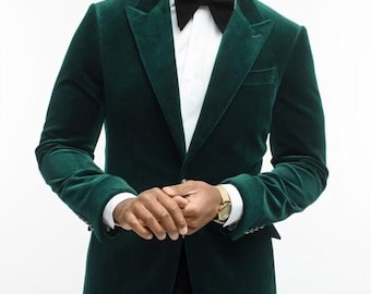 Blazer de terciopelo verde para hombre: chaqueta de esmoquin entallada con solapa chal