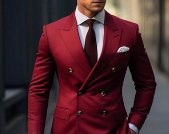 Terno masculino vermelho de corte slim, com abotoamento duplo, lapela de pico, feito sob medida para casamento, ideal para noivos e festas de casamento. Presente perfeito para o marido.
