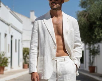 Traje de lino blanco para hombre, elegante traje de boda de dos piezas de corte ajustado con solapa de pico.