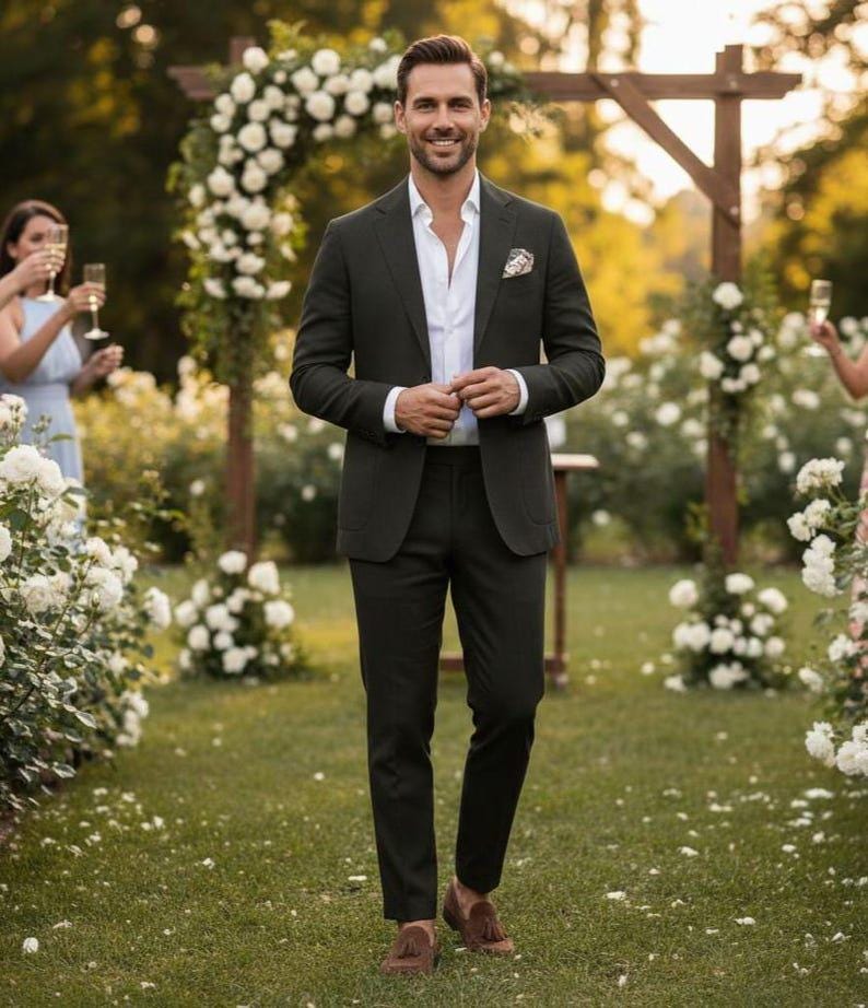 Men's Black Linen Suit, Slim Fit 2 Piece Peak Lapel Wedding Suit