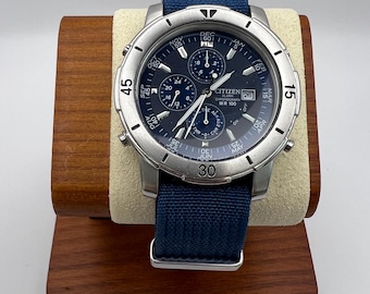 Citizen Alarm Chronograph | Vintage Men’s Stainless Steel Watch | 40mm Blue NATO Strap | 10 Bar Water Resistant Collectible