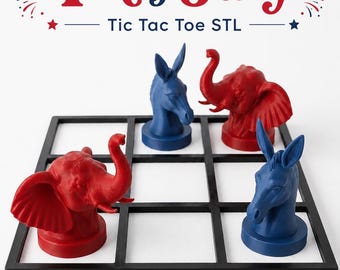 4th of July Tic Tac Toe STL File, Red vs Blue Donkey Elephant Game
