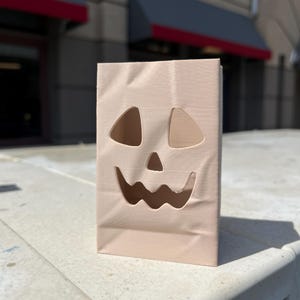 May include: A light beige, rectangular paper bag featuring a die-cut jack-o'-lantern face. The design includes two triangular eye cutouts, a small triangular nose cutout, and a wide, wavy-edged mouth cutout, creating a hollow facial expression.