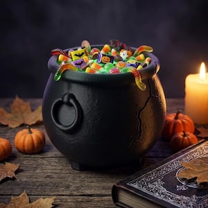 May include: A black cauldron with a textured surface and a prominent crack on the side, filled with a glowing green liquid and various Halloween-themed candies including gummy worms, candy corn, and small wrapped treats with bat and pumpkin icons.