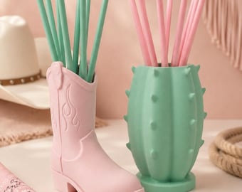 Cowboy Boot and Cactus Desk Organizer Decor, Western Holder Set