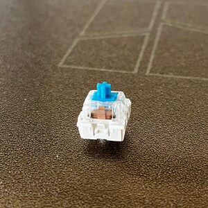 K&ouml;nnte beinhalten: Ein mechanischer Tastaturschalter mit wei&szlig;er Basis, transparentem Geh&auml;use und einem leuchtend blauen Schaft. Die internen Komponenten umfassen einen braunen Schieber, der durch das transparente Geh&auml;use sichtbar ist.