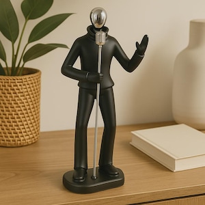 Black Resin Singer Figurine With Microphone – Modern Musician Decor