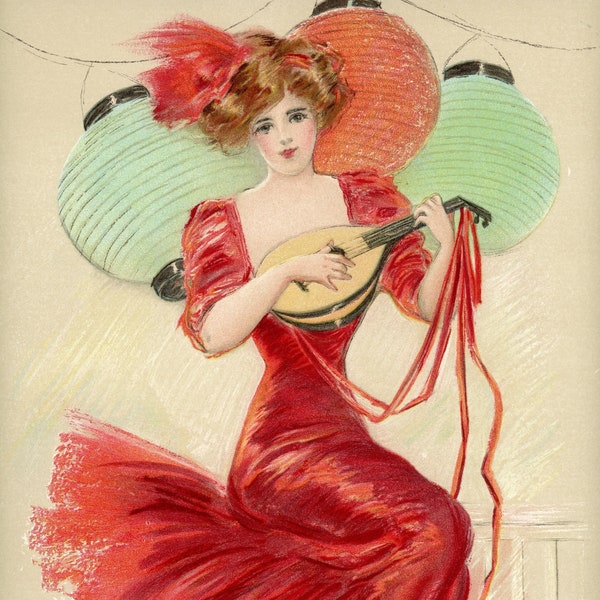 Antique Lithograph of a Beautiful Woman in Red Playing a Mandoline 1909 by Maud Stamm