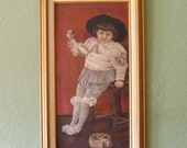 Antique Painting of Boy in Gray Unsigned 1890s F. W. DeVoe & Company Board Gold Frame Vintage Art Oil Painting