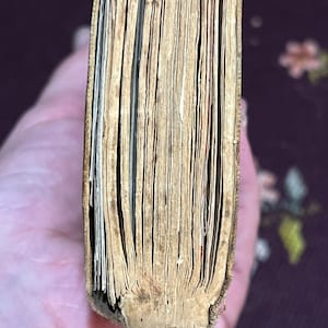 May include: Close-up of the aged pages of a vintage book. The pages are yellowed and show signs of wear, with a worn, light brown spine. The book's edges are rough, suggesting its age and use. The book is held in a hand.