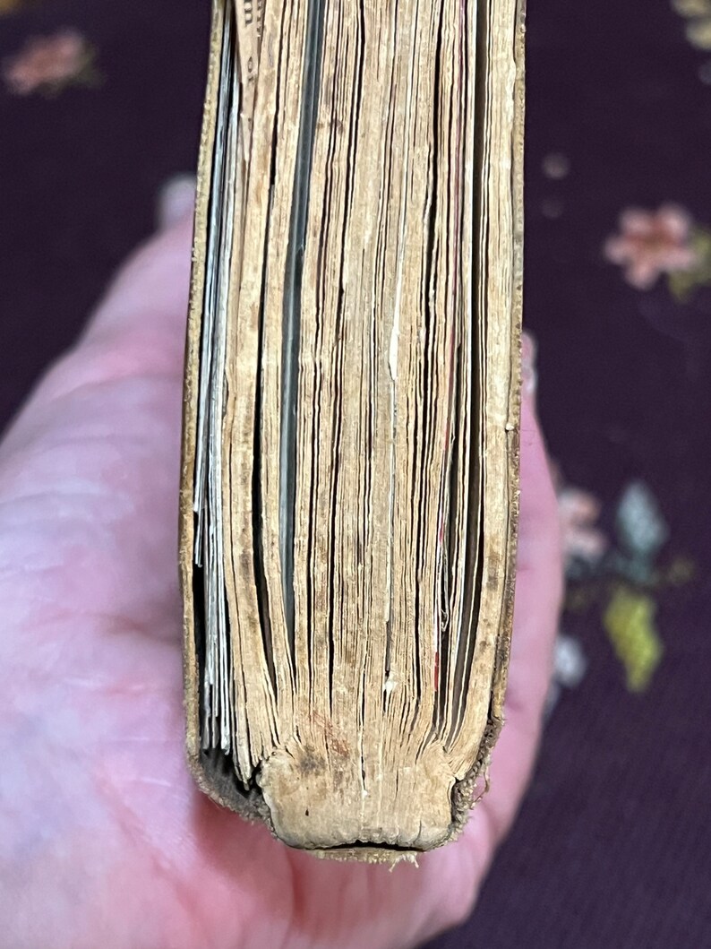 May include: Close-up of the aged pages of a vintage book. The pages are yellowed and show signs of wear, with a worn, light brown spine. The book's edges are rough, suggesting its age and use. The book is held in a hand.