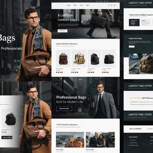 Puede incluir: Diseño web para ZXNOVA, con bolsos de cuero de primera calidad. El sitio muestra varios estilos de bolsos, incluyendo mochilas y maletines, con una estética moderna. El texto incluye "Designed for Modern Professionals" y "Shop Now."