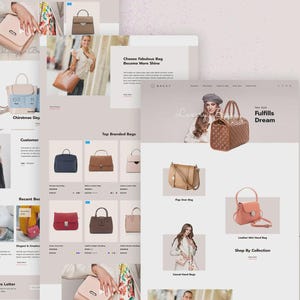 Puede incluir: Una interfaz digital para una tienda de bolsos Baggy en Shopify 2.0, que muestra varios estilos de bolsos, incluidos modelos acolchados, de cuero y mini bolsos, junto con texto promocional como Luxury Bags y Fulfills Dream.