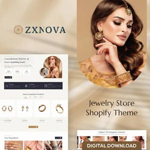 May include: A jewelry store Shopify theme with a model wearing gold jewelry. The image includes the text "ZXNOVA", "Jewelry Store Shopify Theme", "High Resolution", "Etsy Bestseller", and "Digital Download". The theme showcases jewelry listings.