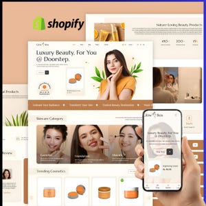 Könnte beinhalten: Ein Shopify E-Commerce-Website-Design für Glow Box, eine Beauty-Marke. Die Website verfügt über ein klares, modernes Layout mit Produktbildern, Hautpflegekategorien und dem Slogan "Luxury Beauty, For You @ Doorstep."