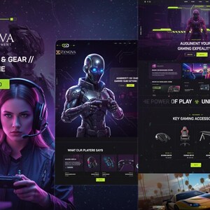 May include: A promotional image for a Shopify theme, featuring a woman with a headset and controller, and a futuristic robot. The theme is for cybernetic and gaming gear. The image also shows a website design with gaming accessories.