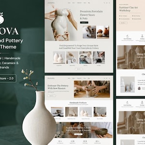 Może przedstawiać: Projekt strony internetowej dla ZXNOVA, motywu Shopify dla ceramiki i garncarstwa. Witryna prezentuje ręcznie robioną ceramikę, wazony na kwiaty i doniczki. Projekt jest elegancki i minimalistyczny, z naciskiem na marki rzemieślnicze. Tekst zawiera "Shopify Store - 2.0".
