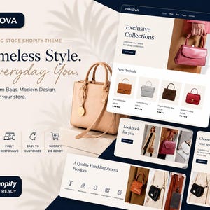 Puede incluir: Una visualización digital del tema de Shopify ZXNOVA para una tienda de bolsos, con un bolso beige en primer plano y varias maquetas de interfaz de sitio web que muestran estilos de bolsos, colecciones de productos y menús de navegación.