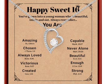 Sweet 16 Heart Pendant Necklace: 16th Birthday Gift for Daughter 14K White Gold