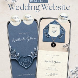 May include: A digital wedding website template in dusty blue featuring two smartphone screens. The left screen shows a heart-shaped wax seal with A&J, while the right screen displays an invitation card, a countdown timer, and a music play button.