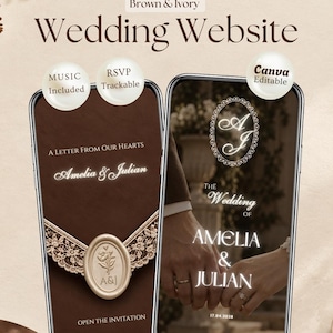 May include: A digital wedding website template in brown and ivory featuring two smartphone screens. The left screen displays a wax seal graphic and lace detail, while the right screen shows a couple holding hands with the text Amelia & Julian.
