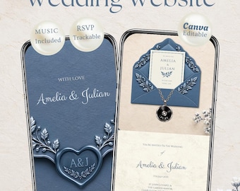 Dusty Blue Wedding Website Template Canva with RSVP, Music & Countdown | Digital Invitation