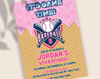 Editable Baseball Drip Birthday Party Invitation, Digital Canva Template, Baseball Ice Cream Drip Birthday Invite, Instant Download