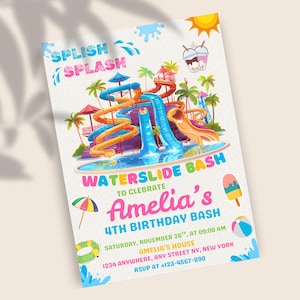 May include: A colorful invitation for a waterside bash. The design features a water slide illustration, the text "SPLISH SPLASH", and details for Amelia's 4th birthday, including the date, time, and location.