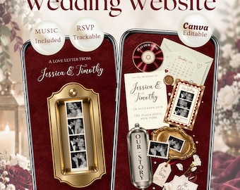 May include: A burgundy wedding website template for mobile devices featuring text that reads "Burgundy Wedding Website," "Jessica & Timothy," "Our Story," and "RSVP." The design includes gold frames, photo strips, and envelopes.