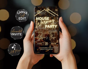 Digital Housewarming Party Invitation, Animated House Warming Invite For Women, Gold New Apartment Home Evite, Self Editable Template Ecard