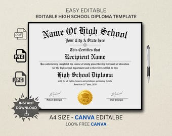 Editable High School Diploma Template | High School Diploma | Home School Diploma | Diploma Replica Digital Download