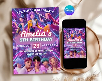 KPOP Dämonenjäger Geburtstagseinladung, EDITIERBARE K Pop Geburtstagseinladung, K Pop Krieger Einladung, Printable Anime Bday Party einladen