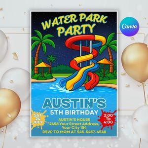 Water Park Birthday Invitation: Editable Waterslide Party, Canva Template