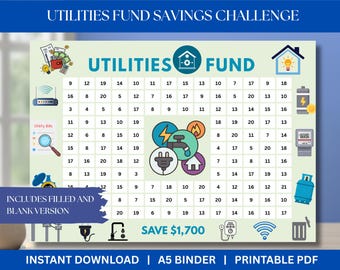 May include: A printable Utilities Fund Savings Challenge chart with a light green background. The chart includes a grid with numbers and icons representing utility-related items. Text includes "Utilities Fund" and "Save $1,700".