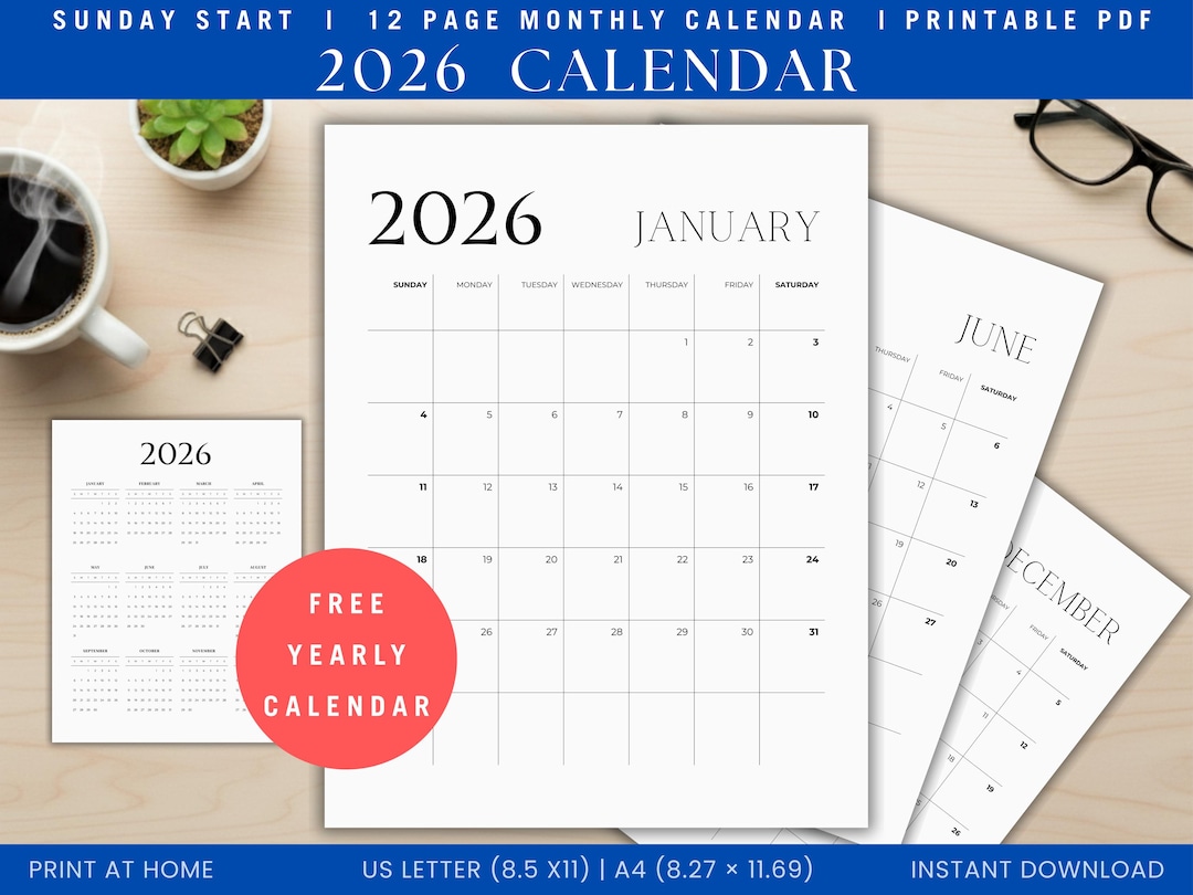 Kalender 2026 zum Ausdrucken 2026 Minimalistischer Kalender 2026
