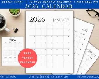 2026 Calendar Printable 2026 Minimalist Calendar 2026 Calendar Template 2026 Monthly Planner Calendar Wall US Letter A4 Size PDF Download