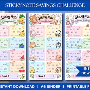 Puede incluir: Tres hojas verticales tituladas Sticky Note Saving Challenge con cajas de colores pastel que muestran cantidades en dólares e ilustraciones de frutas, animales y flores. Cada hoja incluye secciones para registrar ahorros con espacios para totales y el texto Save $.